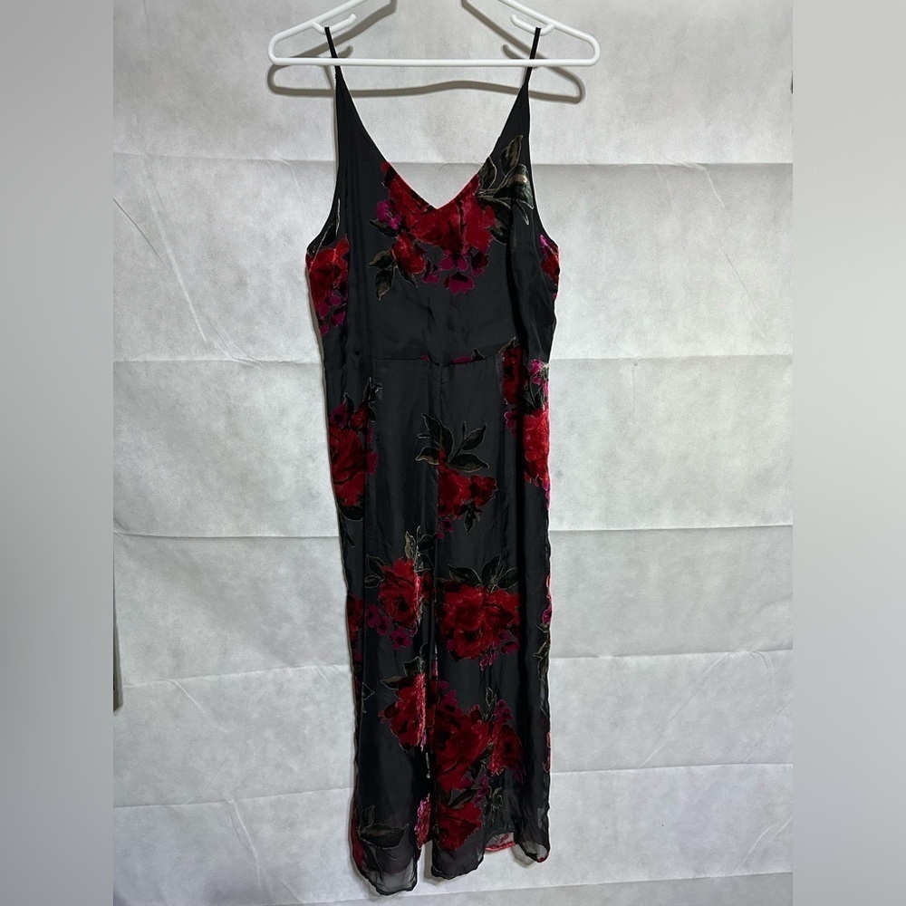 Ett:twa x Anthropologie Red Motif Floral Velvet Burnout Jumpsuit Black Chiffon